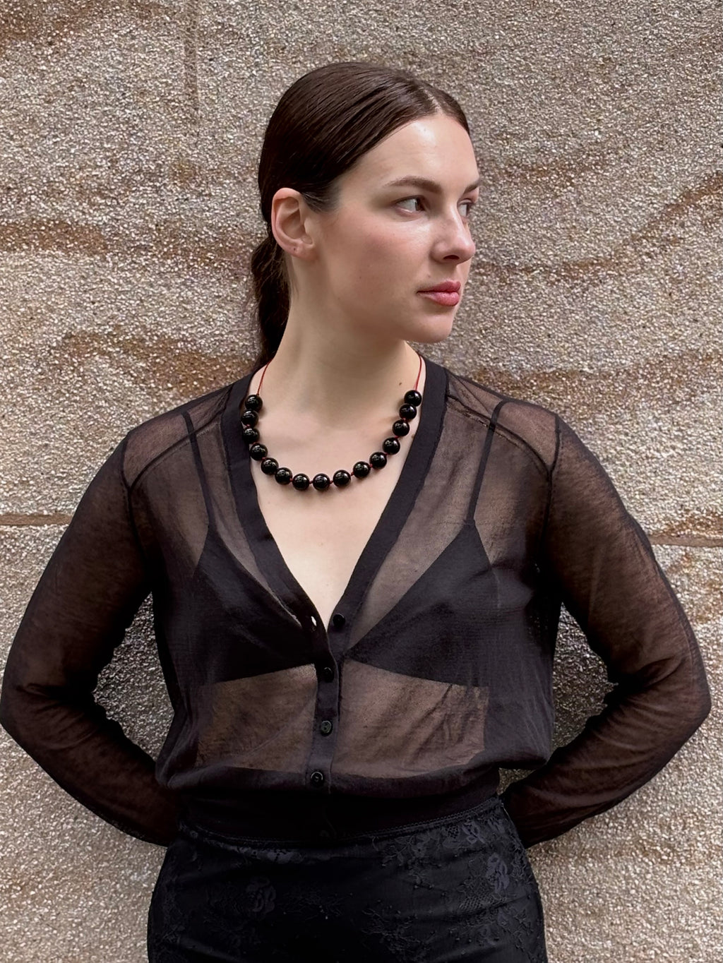 Sphere Necklace Of Black Onyx With Red Cord