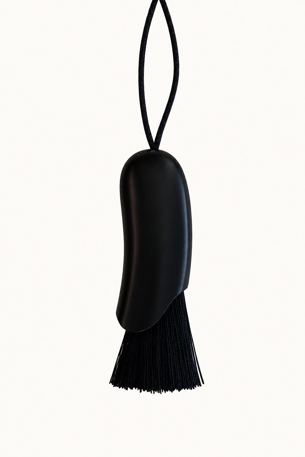 A black metal bean shape tassel necklace, shown against a plain white background.