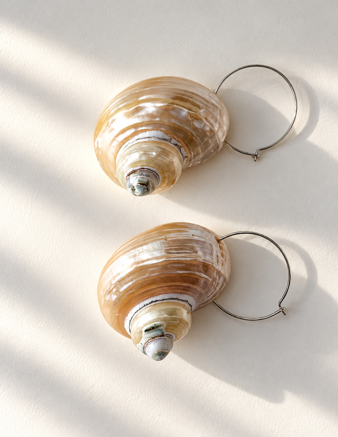 Two spiral shell earrings with thin metal hoop backs, displayed on a warm off-white surface with soft diagonal shadows.